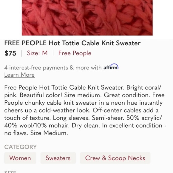 Free People Soft Cozy Chunky Knit Dream Cable Crewneck Sweater small - Picture 2 of 4